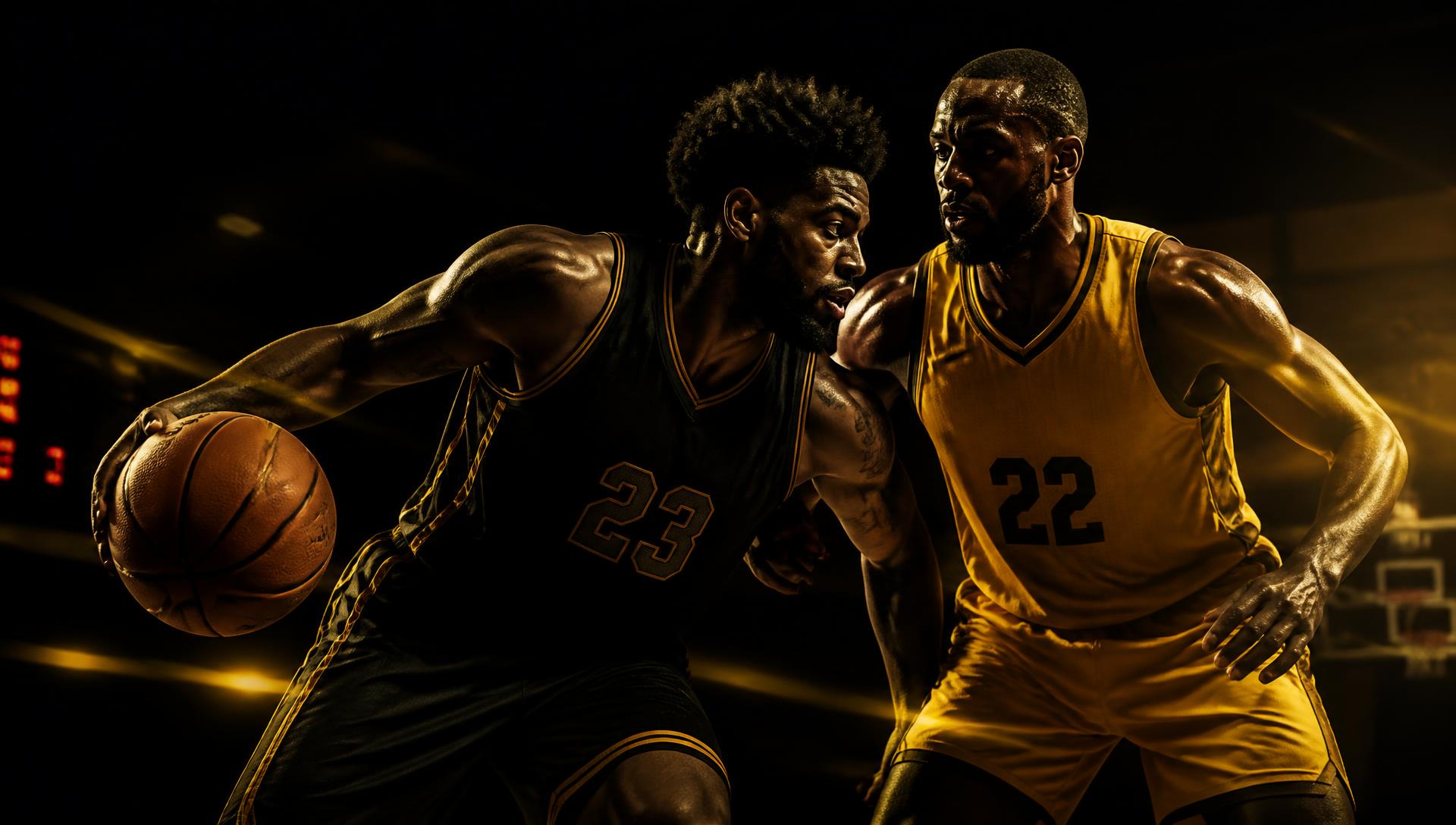 Adult basketball players competing under arena lights